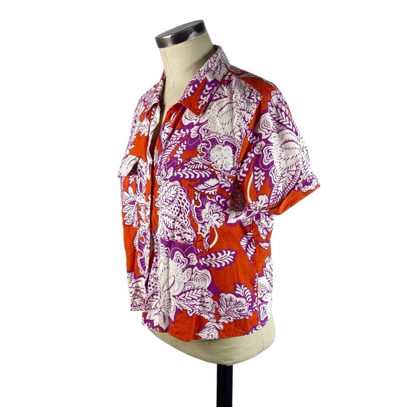Calligraphie Anthropologie Linen Blend Button Front Top Medium Red Purple Floral - Picture 2 of 6